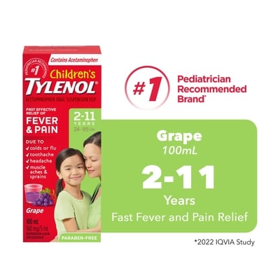 Tylenol Suspension orale pour enfants, Fièvre et douleur, 160 mg/5 ml, Raisin 100 ml, 10,49 $/100ml
