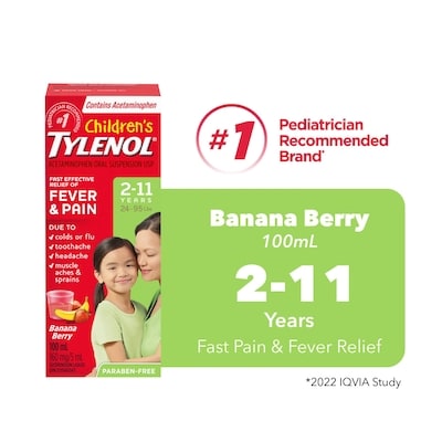 Tylenol Sirop pour enfants, Fièvre et douleur, Fraise et banane 100 ml, 11,49 $/100ml