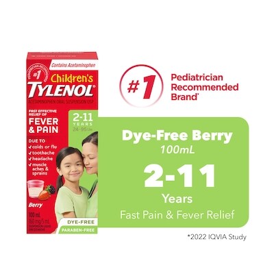Tylenol Sirop pour enfants, Fièvre et douleur, Petits fruits sans colorant 100 ml, 11,49 $/100ml