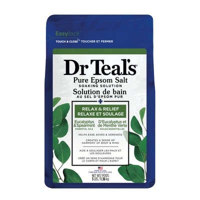 Dr. Teal’s Solution de bain au sel d'epsom pur, Relaxe et Soulage d'Eucalyptus et de Menthe Verte Huiles Essentielles 1.36 kg, 0,66 $/100g
