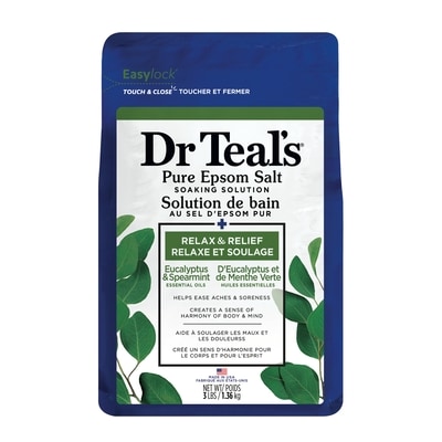 Dr. Teal’s Solution de bain au sel d'epsom pur, Relaxe et Soulage d'Eucalyptus et de Menthe Verte Huiles Essentielles 1.36 kg, 0,82 $/100g