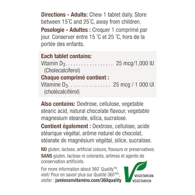Comprimés à croquer de vitamine D3 1 000 UI, Chocolat Naturel