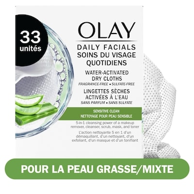 Olay Lingettes nettoyantes Daily Facials, peau sensible, extrait d’aloès, 33 u 33 ea, 0,28 $/1ch