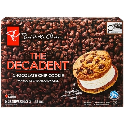 President's Choice The Decadent Chocolate Chip Cookie Vanilla Ice Cream Sandwiches 6x100.0 ml, $1.83/100ml