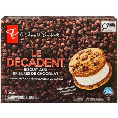 le Choix du Président Sandwichs à la crème glacée à la vanille et biscuits aux brisures de chocolat le Décadent 6x100.0 ml, 2,00 $/100ml