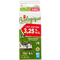 PC Biologique Lait entier Biologique, 3,25 % M.G. 2 l, 0,41 $/100ml