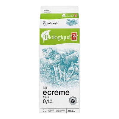PC Biologique Lait Frais Écrémé 2 l, 0,39 $/100ml