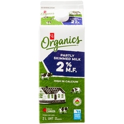PC Organics Organic Partly Skimmed Milk 2% M.F. 2 l, $0.41/100ml