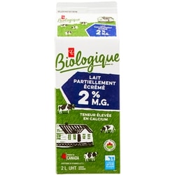 PC Biologique Lait partiellement écrémé Biologique, 2 % M.G. 2 l, 0,41 $/100ml