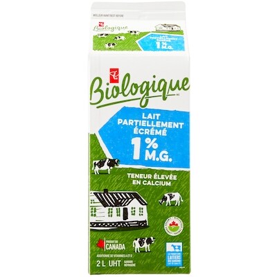 PC Biologique Lait Partiellement Écrémé 1 % 2 l, 0,40 $/100ml