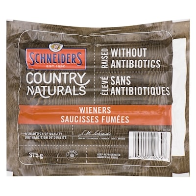 Maple Leaf Country Naturals Hot Dogs 375 g, $1.68/100g
