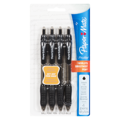 PaperMate Ensemble de 4 stylos à bille PaperMate Profile à pointe rétractable de 1,4 mm, noir 4x1.0 ea, 1,63 $/1ch