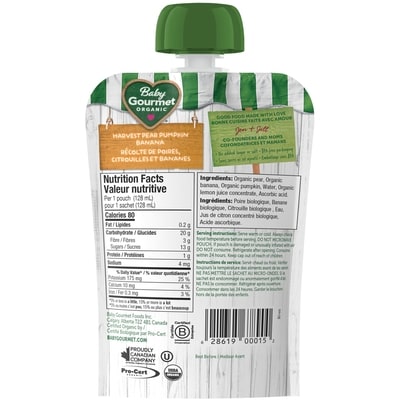 Purée Biologique Récolte de poires, citrouilles et bananes
