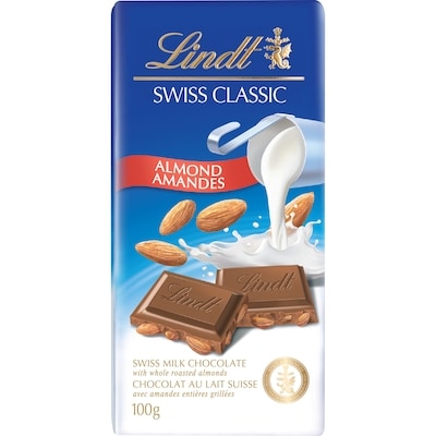 Lindt Chocolat au lait avec amandes SWISS CLASSIC – Barre 100 g, 3,99 $/100g