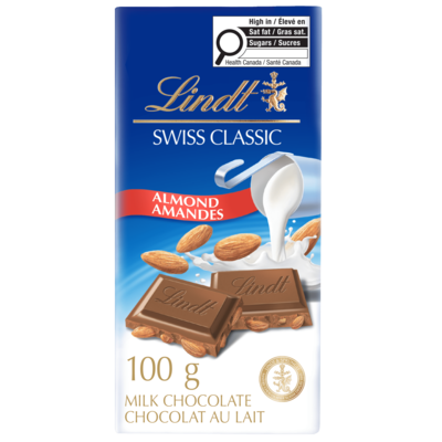 Lindt Chocolat au lait avec amandes SWISS CLASSIC – Barre 100 g, 4,99 $/100g