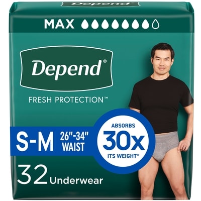 Depends Fresh Protection Adult Incontinence Underwear for Men (Formerly Fit-Flex), Disposable, Maximum, Small/Medium, Grey, 32 Count 58 ea, $1.00/1ea