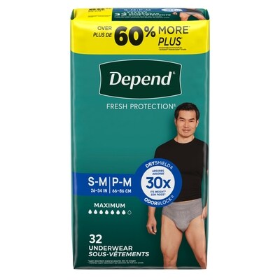 Depend Sous-vêtement d’incontinence Fresh Protection pour hommes, degré d’absorption maximal, P/M, gris, 32 unités 58 ea, 1,09 $/1ch