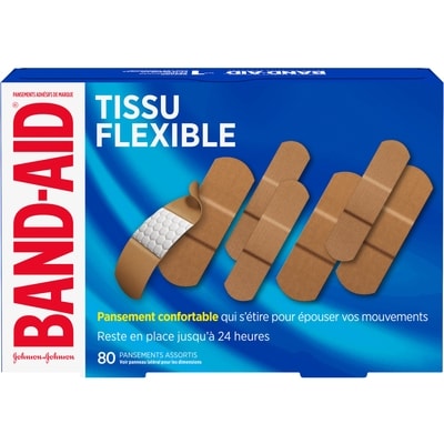 Band-Aid Tissu flexible, pansements assortis 80 ea, 0,09 $/1ch