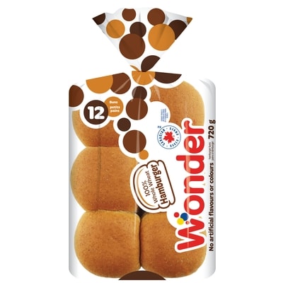 Wonder Hamburger Rolls, Whole Wheat 12x60.0 g, $0.42/100g