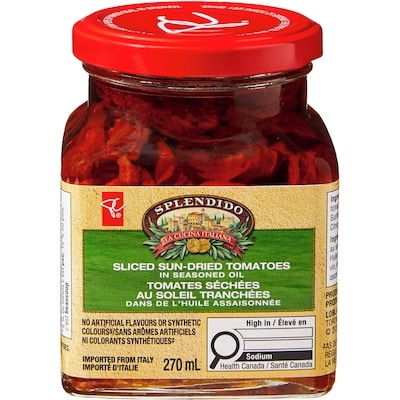 PC Splendido Tomates séchées au soleil tranchées dans de l’huile assaisonnée Splendido 270 ml, 2,59 $/100ml