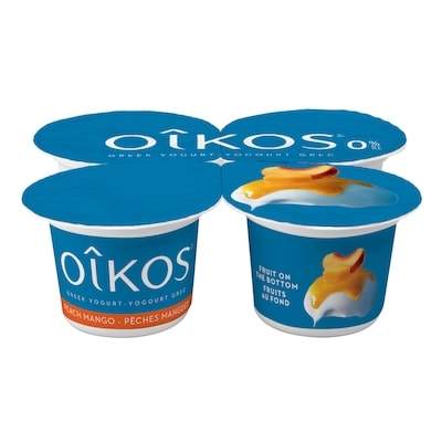Oikos Greek Yogurt, Peach-Mango, Fruit on the Bottom, 0% M.F. 4x100.0 g, $1.07/100g