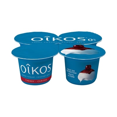 Oikos Greek Yogurt, Cherry, Fruit on the Bottom, 0% M.F. 4x100.0 g, $1.00/100g