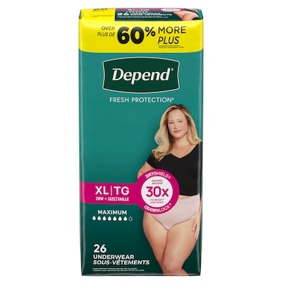 Depend Sous-vêtement d’incontinence Fresh Protection pour femmes, degré d’absorption maximal, TG, couleur rosée, 26 unités 26 ea, 1,35 $/1ch