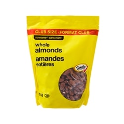 Sans Nom Amandes entières, format club 1 kg, 2,25 $/100g