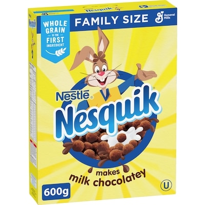 General Mills Nesquik Chocolate Breakfast Cereal, Family Size, Whole Grains 600 g, $1.17/100g