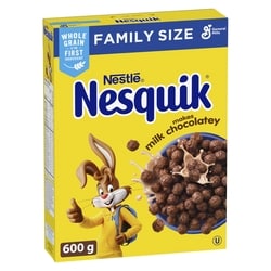General Mills Nesquik Chocolate Breakfast Cereal, Family Size, Whole Grains 600 g, $1.08/100g