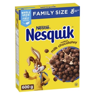 General Mills Nesquik Chocolate Breakfast Cereal, Family Size, Whole Grains 600 g, $1.08/100g