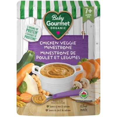 Baby Gourmet Plat préparé biologique minestrone de poulet et légumes  128 ml, 1,95 $/100ml