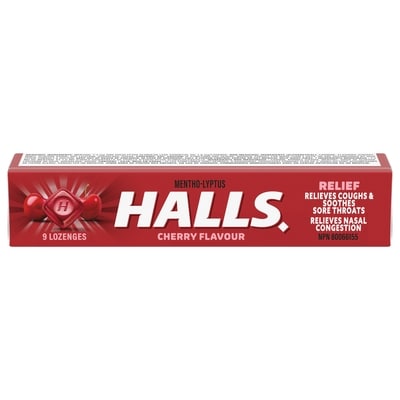 Halls Cherry Flavour Cough Drops, Throat Lozenges, Sore Throat Relief 9 ea, $0.20/1ea