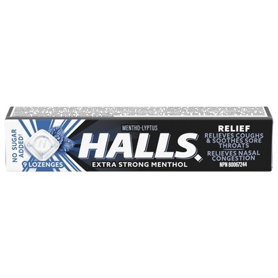 Halls No Sugar Added Extra Strong, Cough Drops, Throat Lozenges, Sore Throat Relief, 9 Lozenges 9 ea, $0.21/1ea