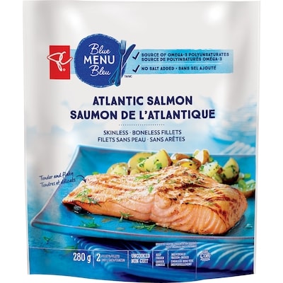 PC Blue Menu Blue Menu Atlantic Salmon Skinless Boneless Fillets 280 g, $5.35/100g