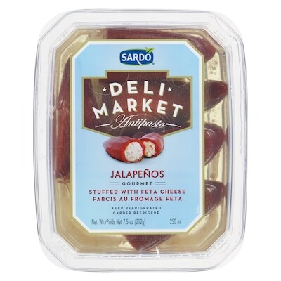 Sardo Jalapenos farcis au féta 250 ml, 2,40 $/100ml