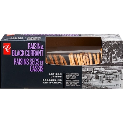 PC Black Label Raisin and Black Currant Artisan Crisps 150 g, $4.00/100g