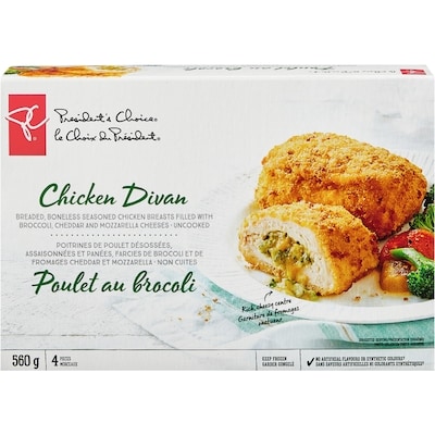 President's Choice Chicken Divan Breaded Boneless Seasoned Filled Chicken Breasts 560 g, $3.57/100g