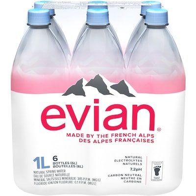 Evian Eau de Source Naturelle, Emballage de 6 bouteilles 6x1.0 l, 0,27 $/100ml