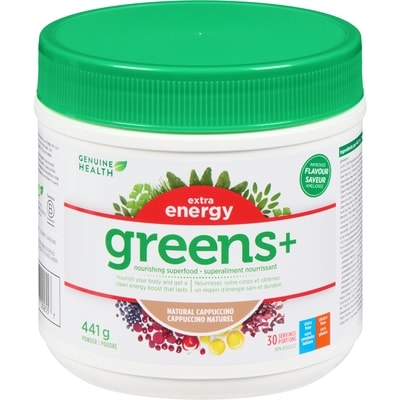 Genuine Health Greens+ Extra Energy Superfood Powder, Natural Cappuccino, Non GMO 445 g, $17.08/100g