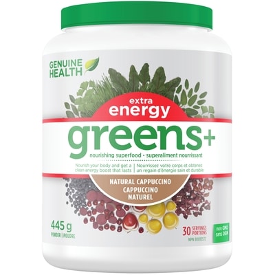 Genuine Health extra energy, greens+, cappuccino naturel, superaliment en poudre, sans OGM 445 g, 17,08 $/100g