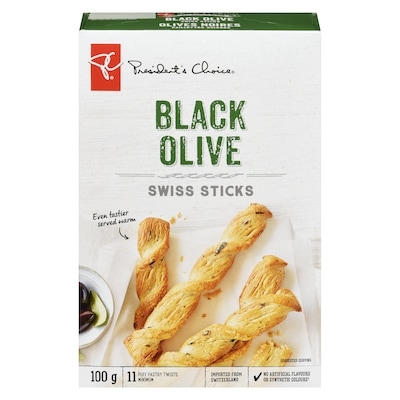 President's Choice Black Olive Swiss Sticks 100 g, $2.00/100g