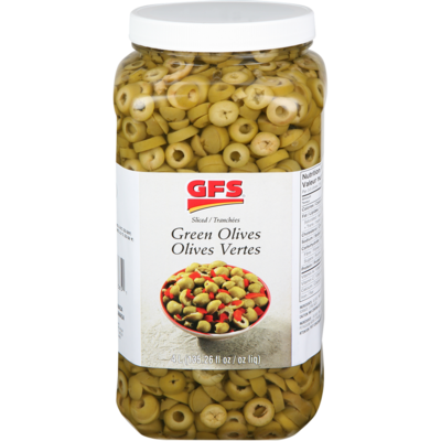 GFS Sliced Green Olives     4 l, $1.17/100ml
