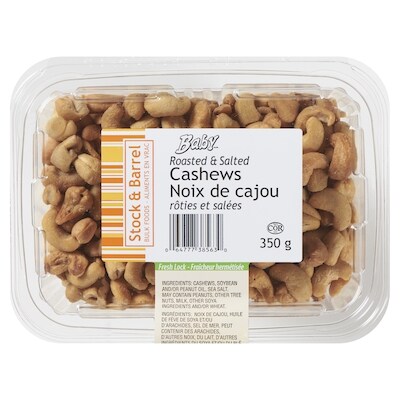 Stock and Barrel Roasted Cashews, Salted     350 g, $4.00/100g