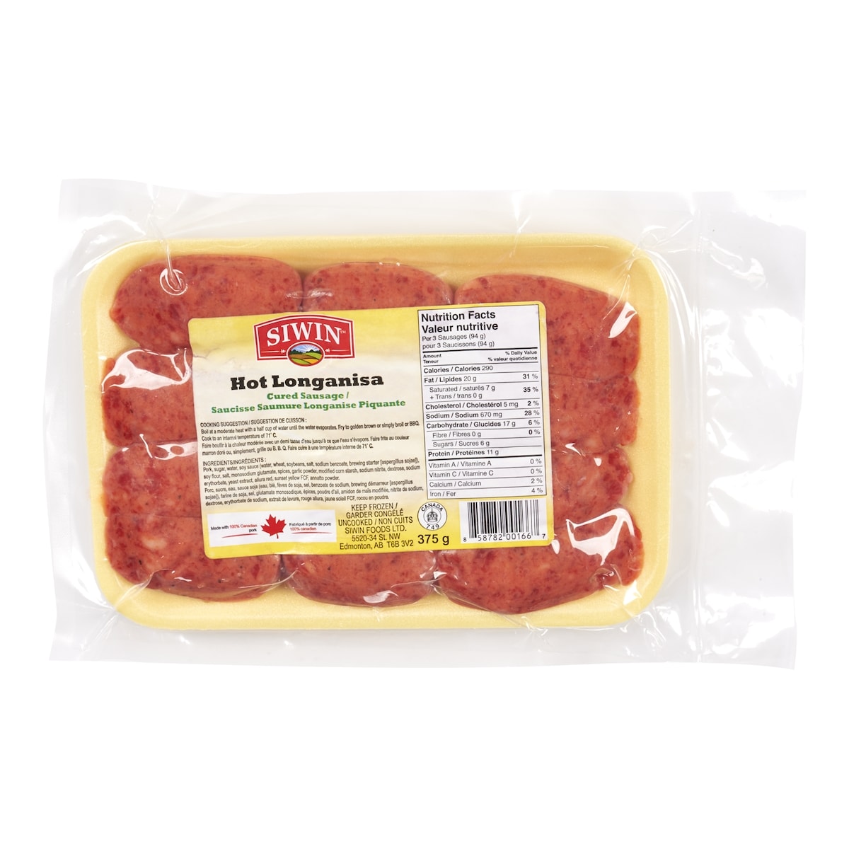 Siwin Hot Longanisa 375 g, $1.47/100g