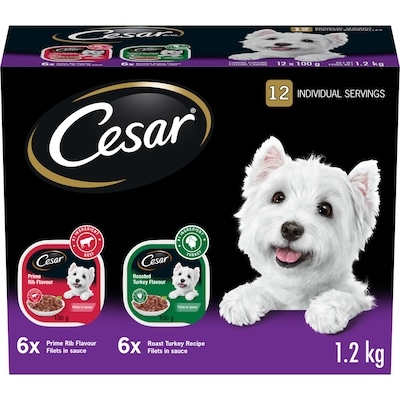 Cesar Filets In Sauce Adult Wet Dog Food Roasted Turkey & Prime Rib Variety Pack 12x100.0 g, $1.83/100g