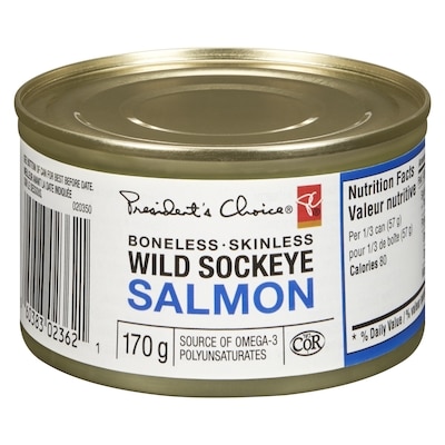 President's Choice Boneless & Skinless Sustainably Sourced Wild Pacific Sockeye Salmon  170 g, $3.53/100g