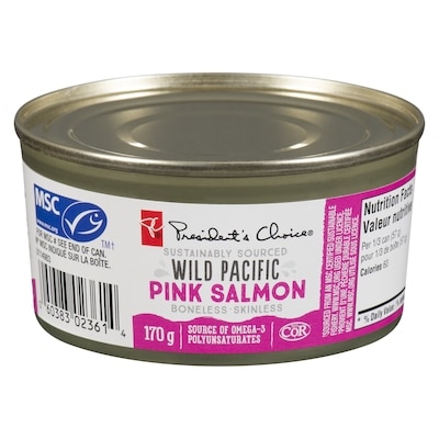President's Choice Boneless & Skinless Sustainably Sourced Wild Pacific Pink Salmon 170 g, $2.64/100g