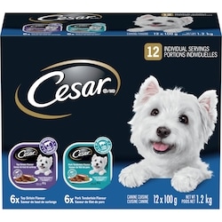 Cesar Nourriture humide pour chiens – pain classique en sauce en multi-emballage de 12 (saveur de filet de porc et saveur de haut de surlonge) 12x100.0 g, 0,15 $/100g
