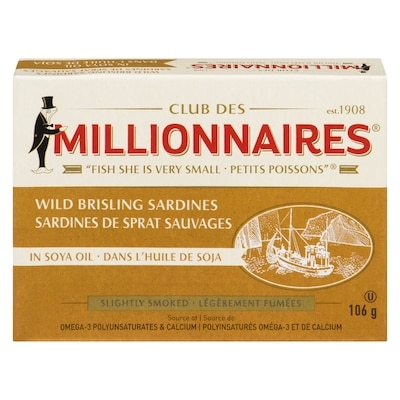 Millionnaires Sardines, Lightly Smoked In Soy Oil 106 g, $3.29/100g